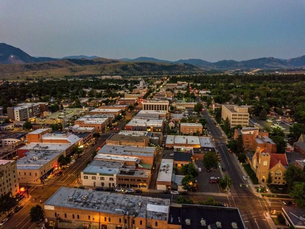 Nighttime view of the streets and buildings of downtown Bozeman Montana