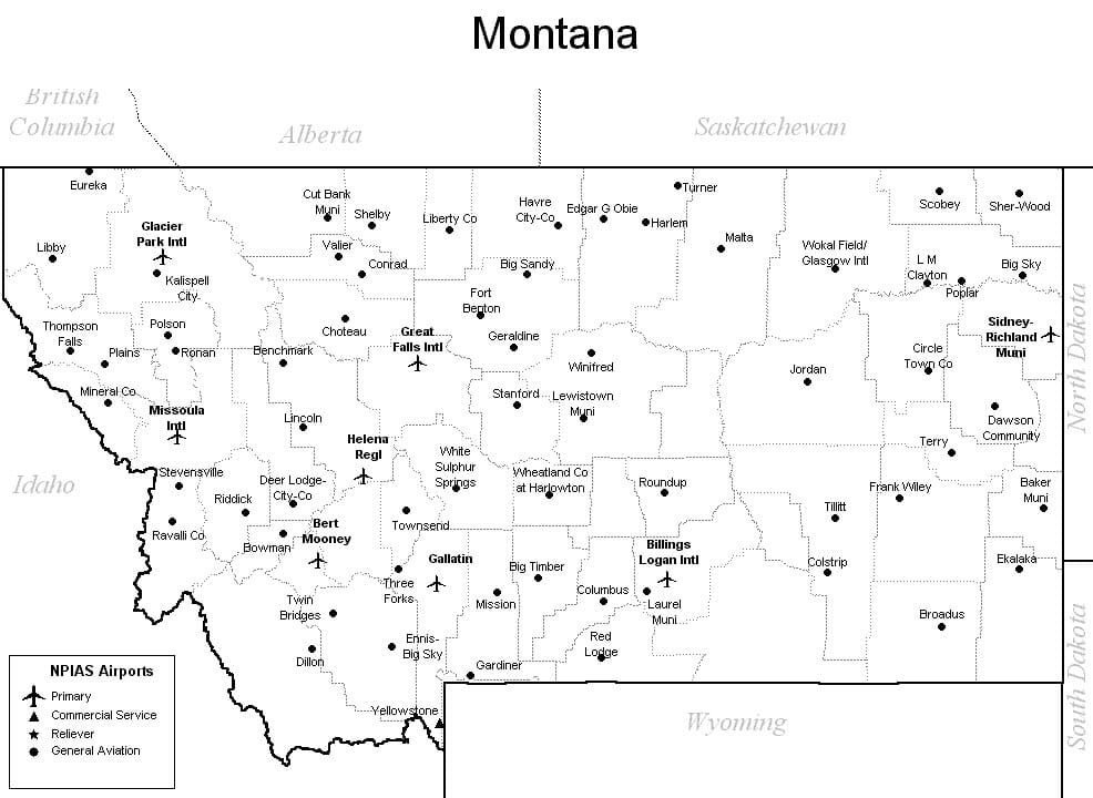Map of airports in Montana