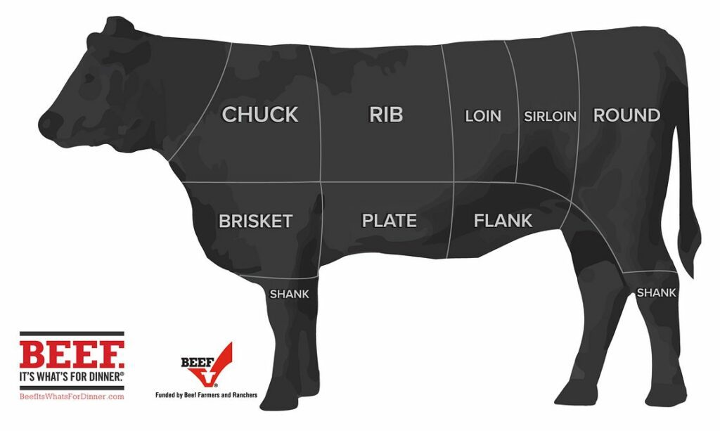 Map of beef cuts on a cow from the Montana Beef Council.