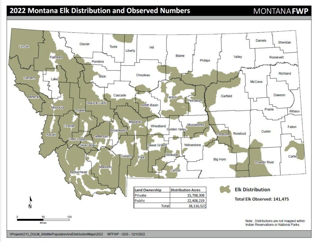 Map showing the distribution of elk across the state of Montana.